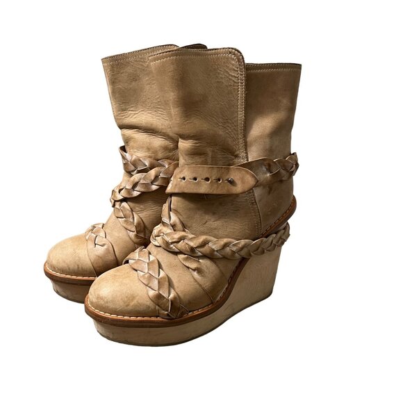 Acne Studios Tan Oleander Braided Straps Wedge Leather Boots Italy Size 39 - Picture 1 of 11